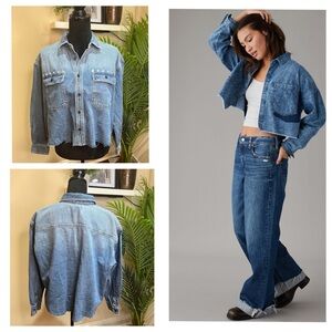 Rebecca Minkoff Denim Cropped Raw Hem Long Sleeve Button Up Rhinestone Top Med